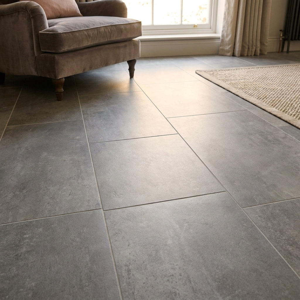 5.5mm Thick Grey Stone Embossed Rigid Core LVT Flooring, UV Coated, Pre-Grouted - detail view