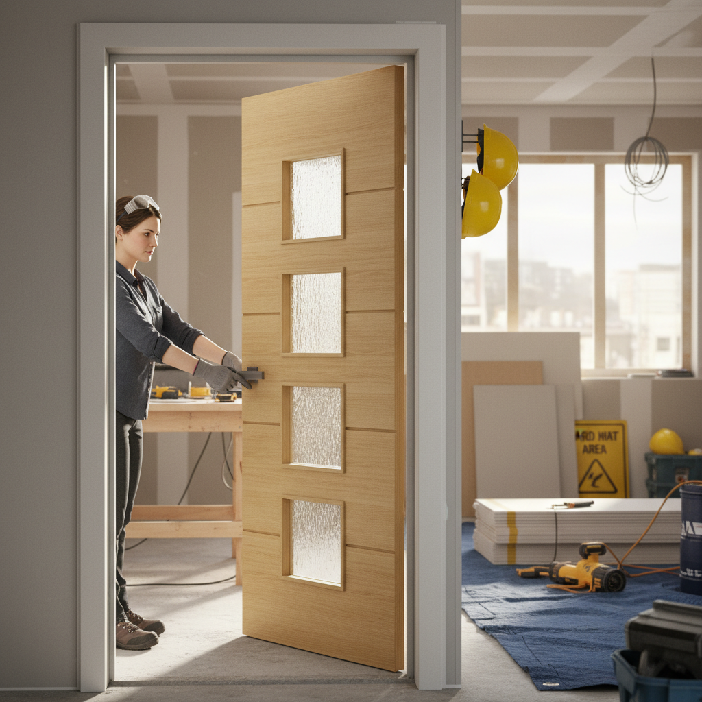 Premium Oak Glazed Fire Door with Contemporary Design and Safety Features - High-Quality Professional Grade for Industrial and Commercial Applications