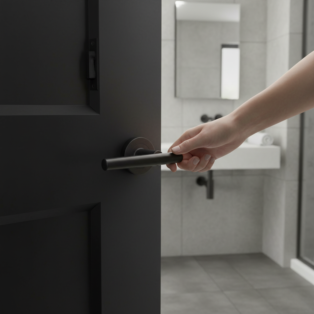 Premium Round Rose Lever Door Bathroom Handle Set with Matt Black Finish, Privacy Bullet Latch, and Ball Bearing Hinges for Modern Elegance - Image 2
