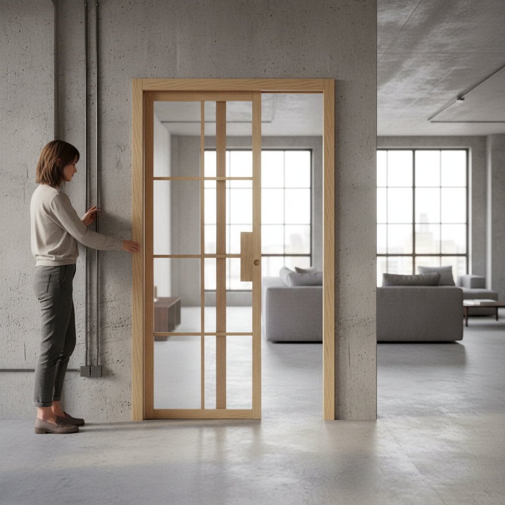 Premium Clear Glazed Pocket Door System with Blonde Oak Finish and Galvanised Steel Frame for Modern Interiors