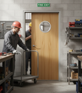 Premium Fully Finished FD30 Fire Door with Chrome Porthole and Clear Fire Rated Glass
