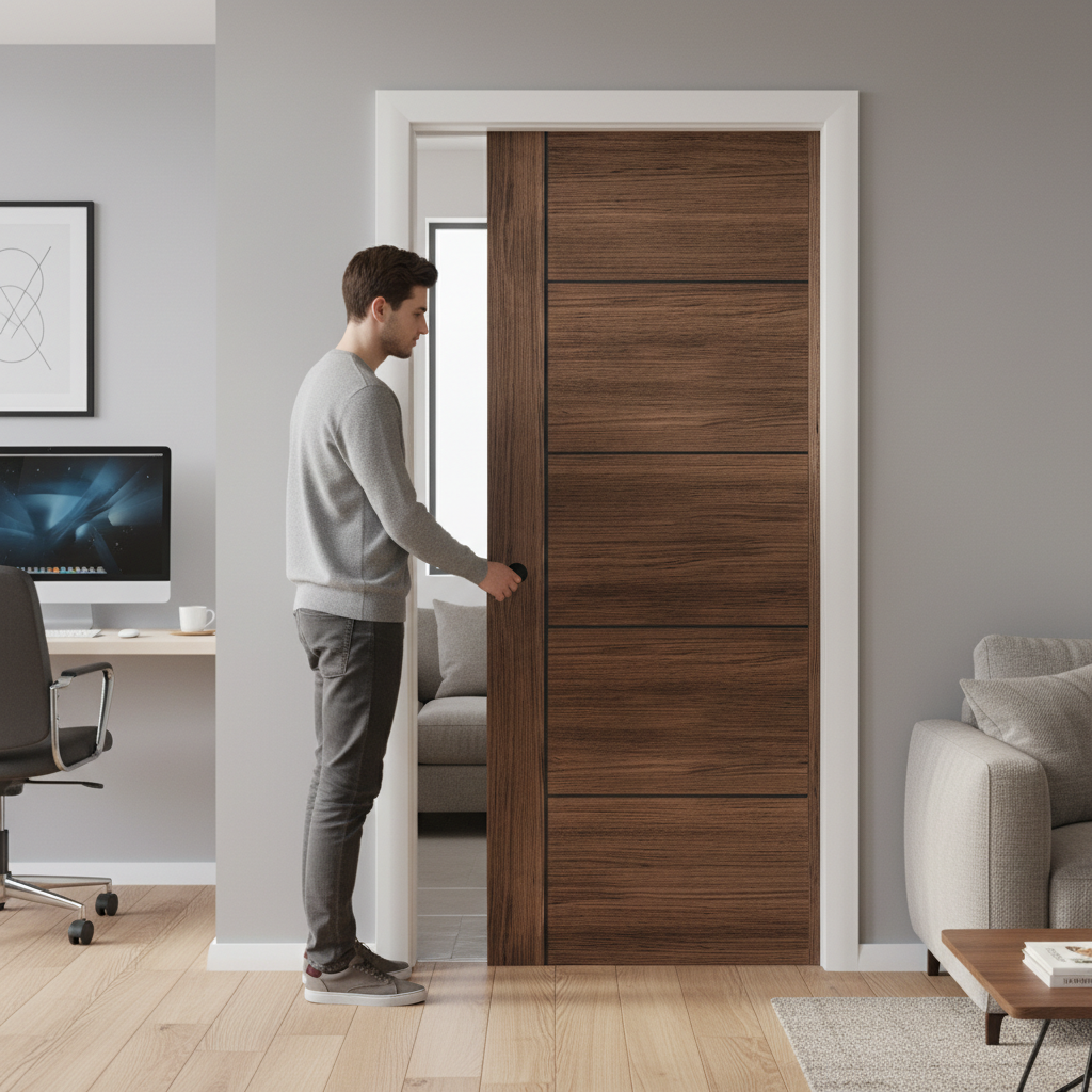 Premium Walnut Laminate Pocket Door Set with Five Panel Design and Galvanised Steel Frame for Modern Interiors