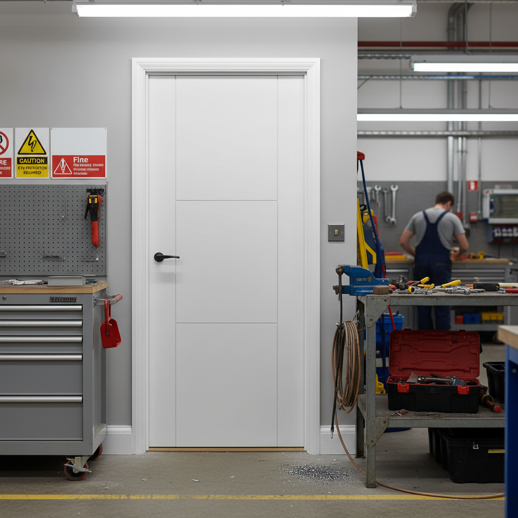 Premium White Primed FD30 Fire Door with 3 Ladder Style Panels and Grooved MDF Construction