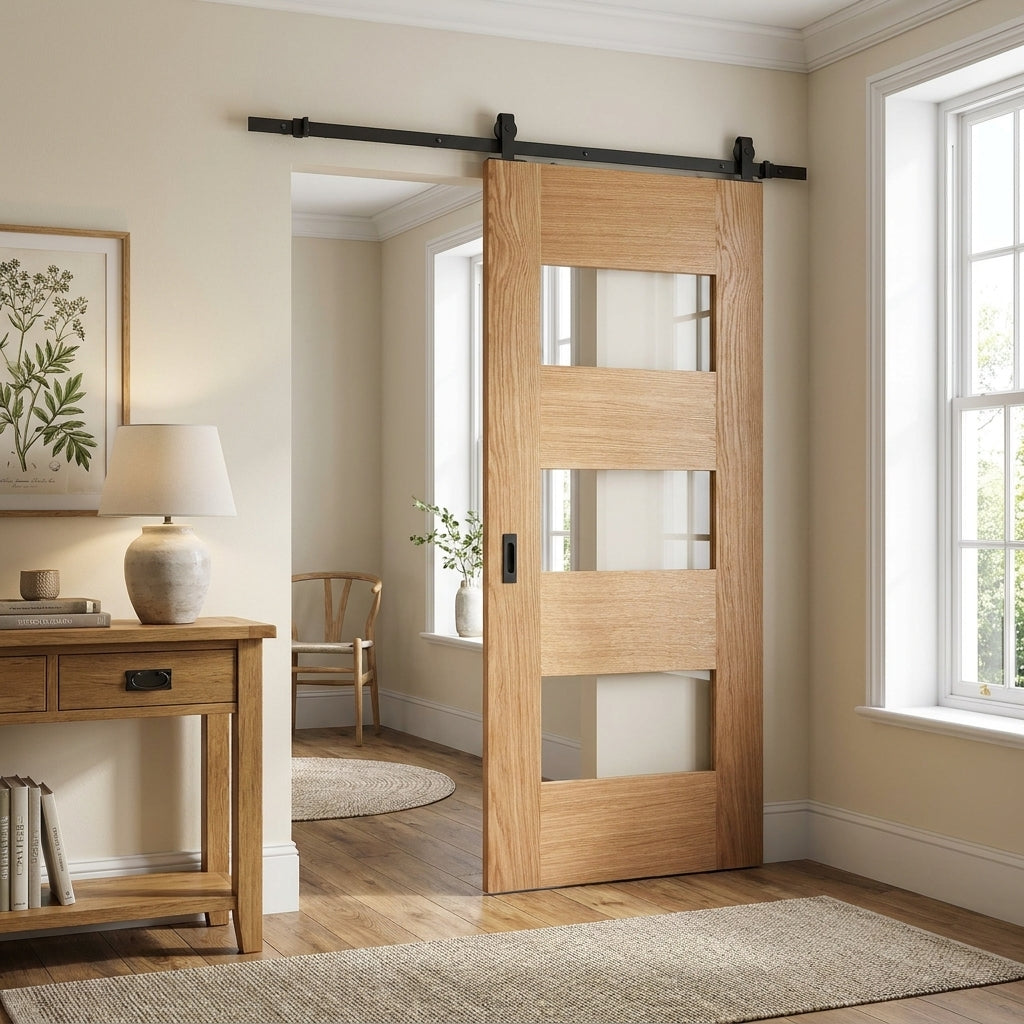 Internal Oak Sliding Door Fully Finished Edison 7 Panel 3 Light Clear Glass