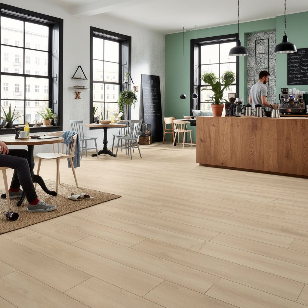 Premium 8mm Water-Resistant Oak Effect Laminate Flooring in Subtle Beige for Durable and Elegant Interiors