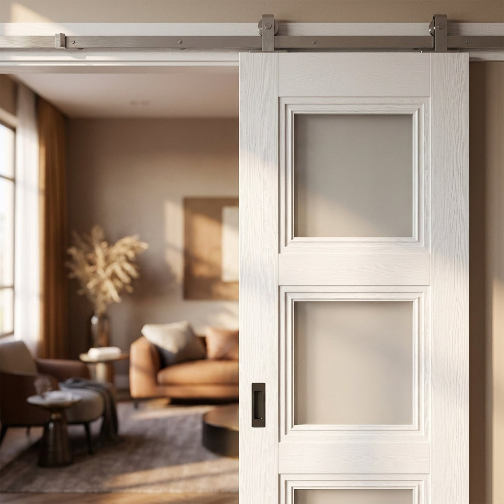 Internal Pocket Door Set with 3 Light Clear Glass and White Primed Finish - detail view