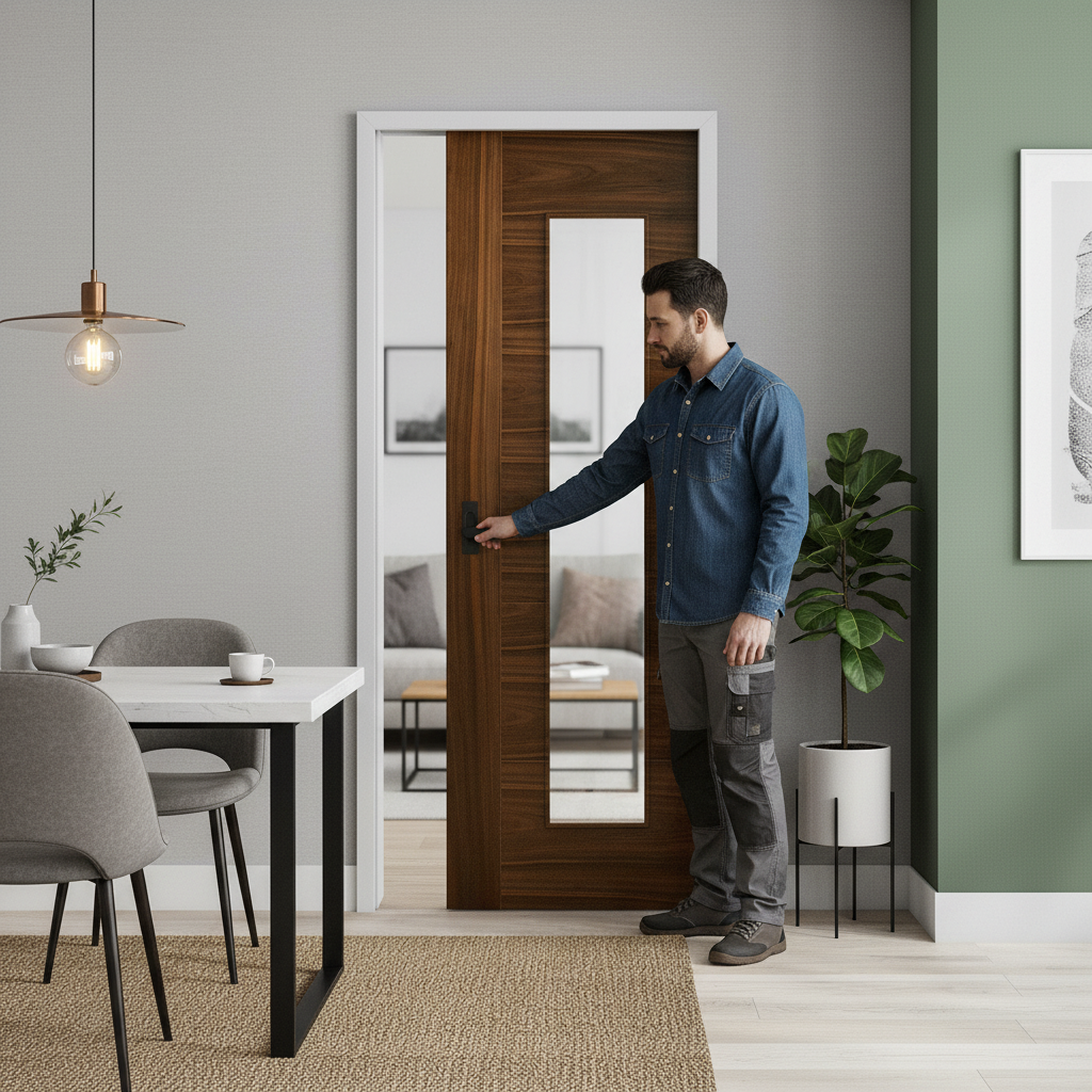 Premium Fully Finished Internal Pocket Door Set with Clear Glass Panel in Rich Walnut Frame for Modern Elegance and Space-Saving Design