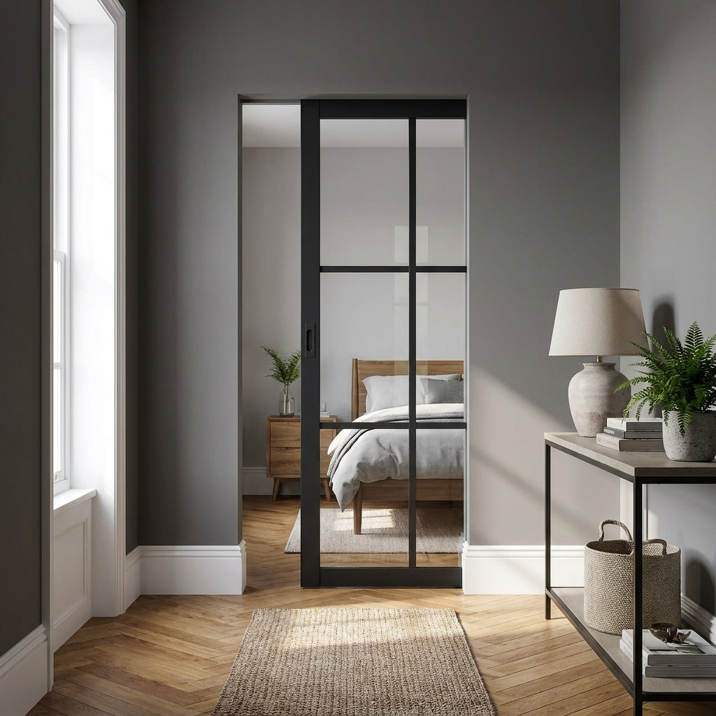 Internal Pocket Door Set 6 Light Clear Glass Fully Finished Black 100mm