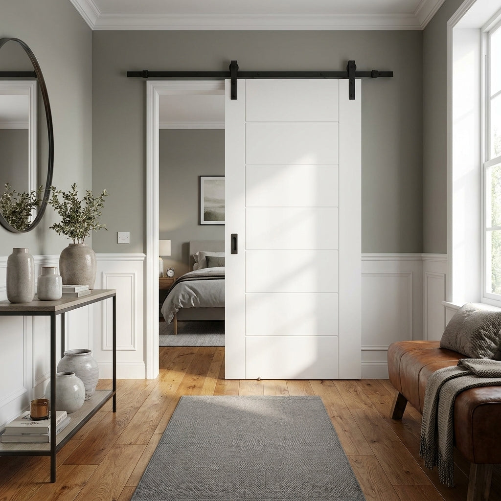 Internal White Sliding Door, 7 Panel, Primed Finish, Black Face Mounted
