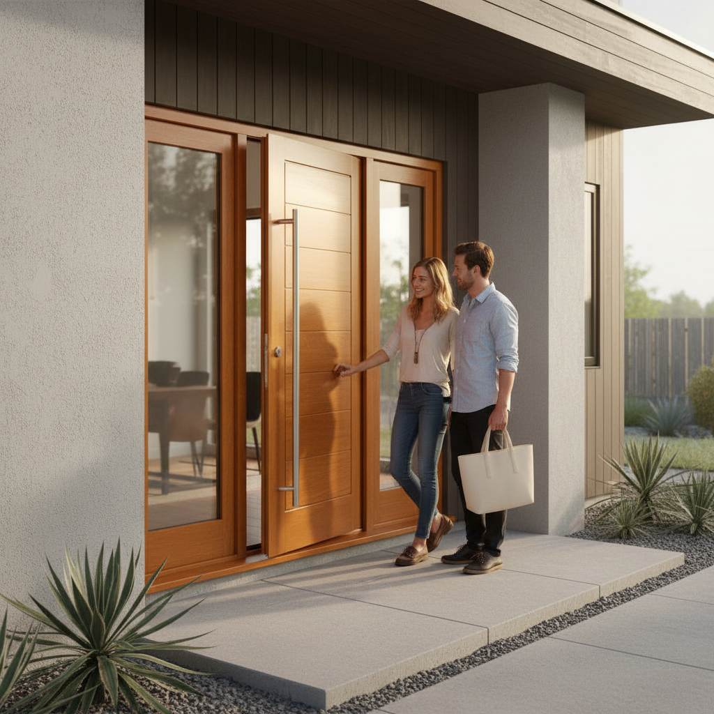 Premium Fully Finished Contemporary External Door with V Groove Design in Medium Oak Stain