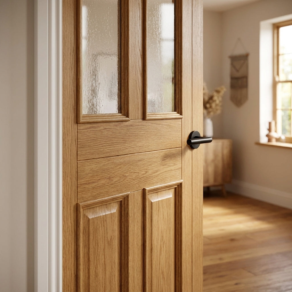 Unfinished Oak Internal Door with 2 Panel Design and 2 Light Bevelled Clear Glass - detail view