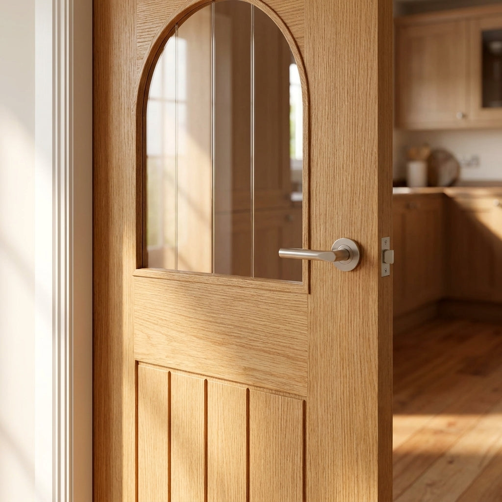 Internal Oak Door with Fully Finished 1 Light Obscure Glass and Arched Square Top - detail view
