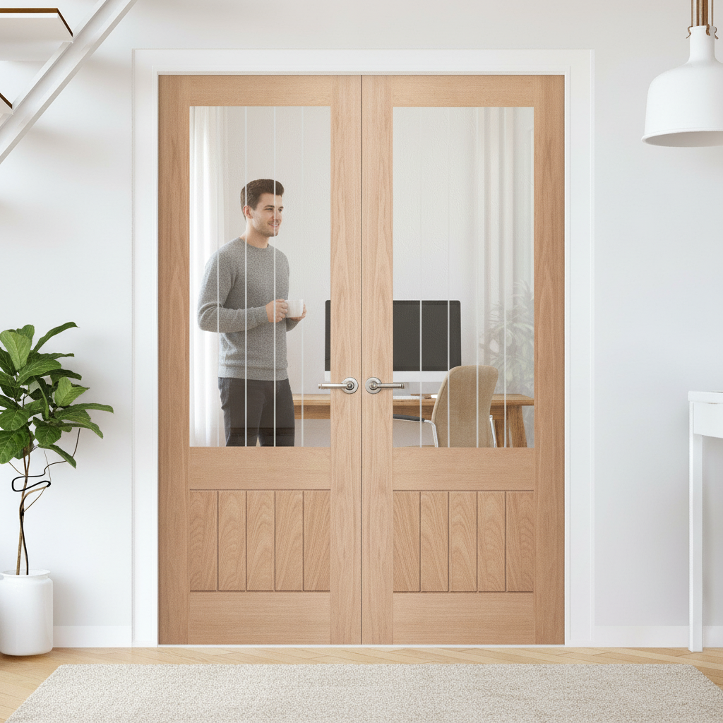 Unfinished Oak 1 Panel 1 Light Glazed Pair Door with Obscure Lined Glass for Elegant Interior Design - Image 2