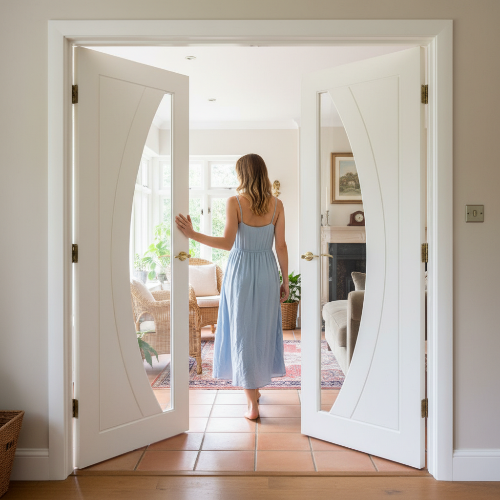 Premium Custom Made White French Doors with Curved Glass Panels for Stylish Home Entryways