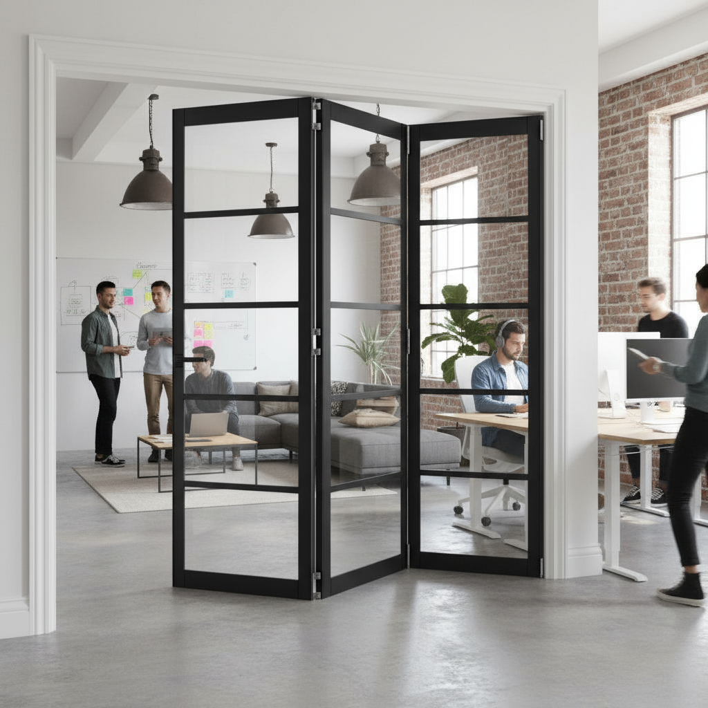 Premium Clear Glazed Industrial Style Room Divider with Bi-Folding Doors and High-Quality Track System for Seamless Spaces