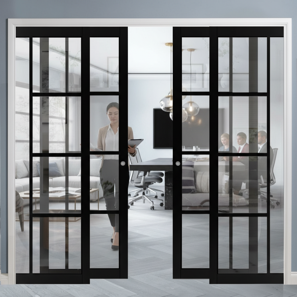 Premium 4 Door Clear Glazed Telescopic Pocket Door System with Heavy Duty Wooden Jamb Kit and Maintenance-Free Track
