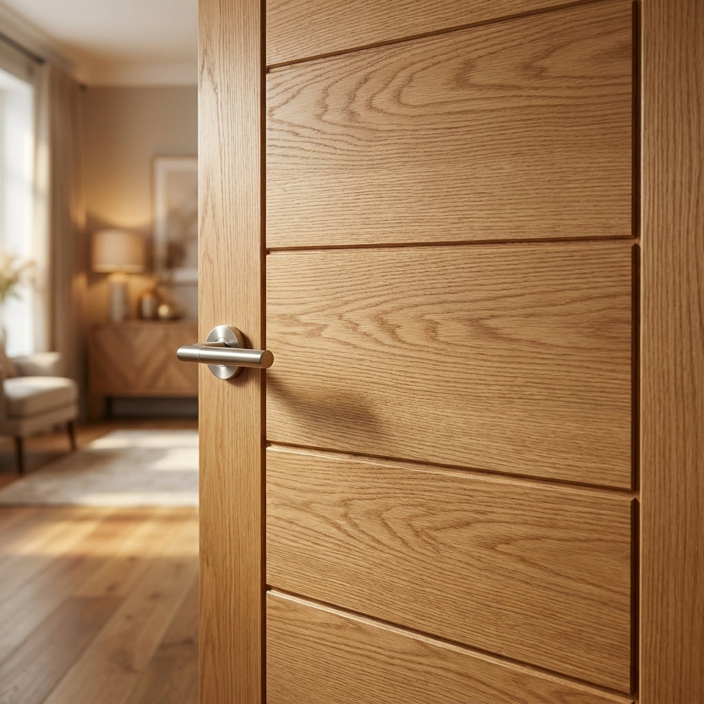 Edison 7 Panel Fully Finished Oak Internal Door - detail view