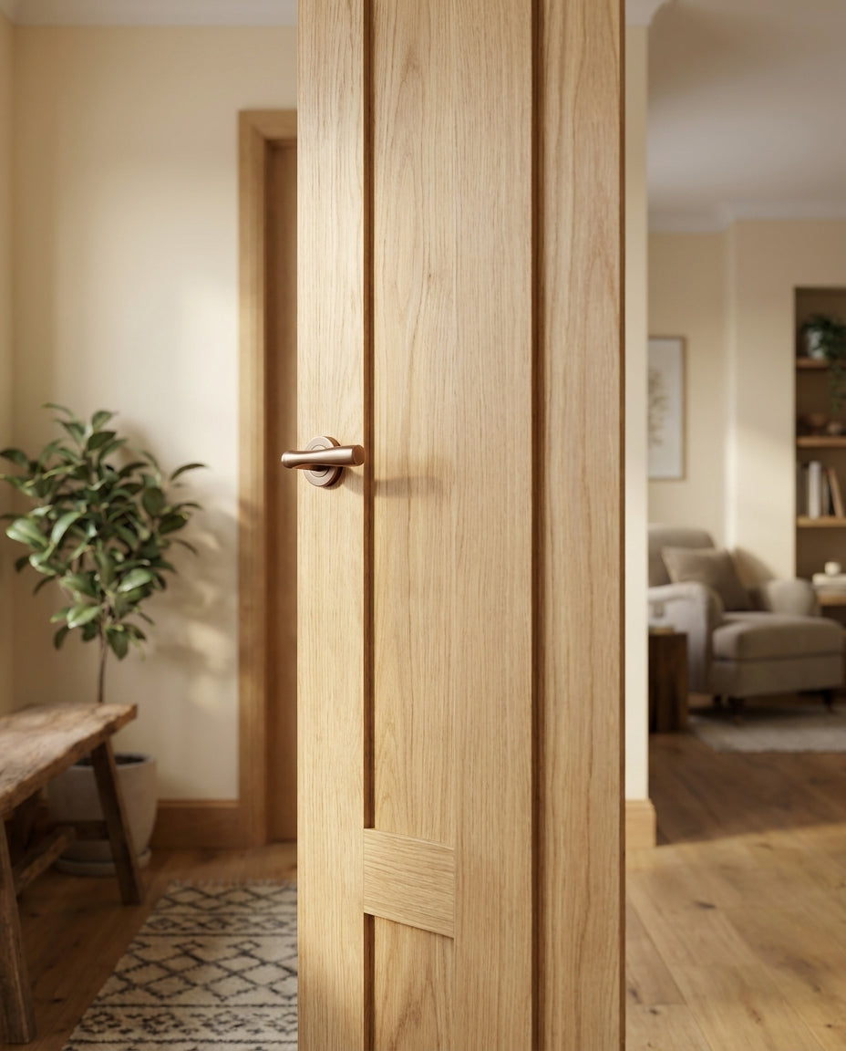 Internal Oak Door Fully Finished 5 Panel Stamford Design with Solid Core - detail view