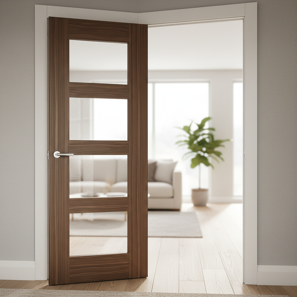 Premium Walnut Shaker Internal Door with Clear Safety Glass - Solid Core Construction for Durability