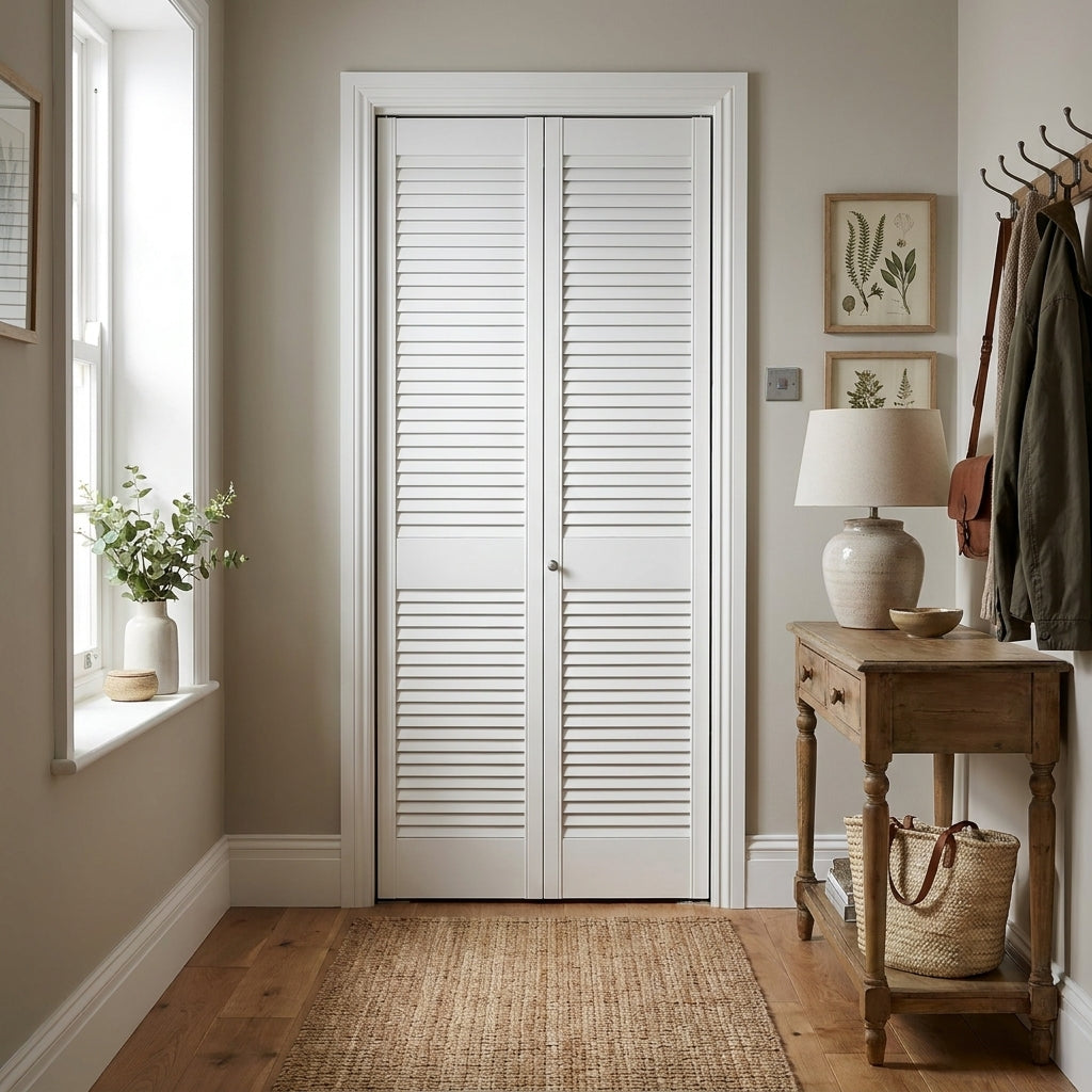 Internal Bi-fold Door Set, Open Louvre Design, 28mm Thickness, White Painted