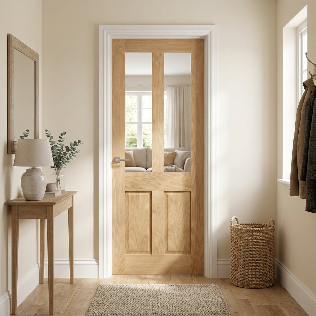 Internal Made-to-Measure Oak Victorian Shaker Door, Unfinished, 2 Panel, 2 Light Obscure Glass