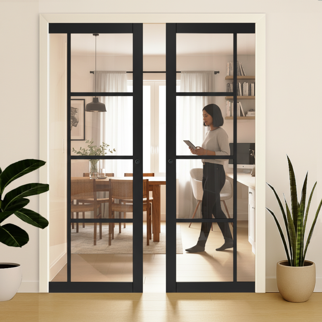 Premium Clear Glazed Double Pocket Door Set with Galvanised Steel Frame and Adjustable Jambs for Seamless Interior Transitions