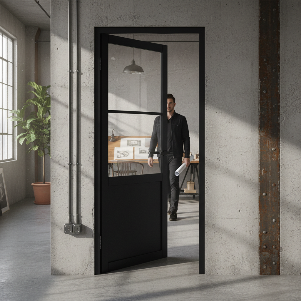 Premium Industrial Studio Internal Door with Clear Toughened Glass and Fully Finished Surface for Easy Installation