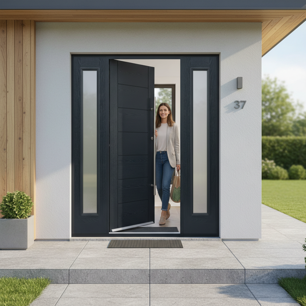 Premium Contemporary Composite Grand Entrance Door with Frosted Glazed Sidelights - Low Maintenance and Thermally Efficient Design