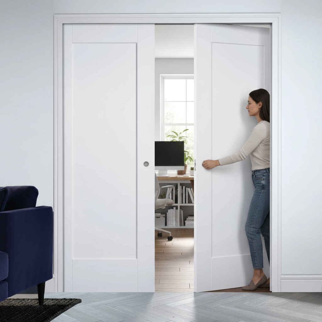 Premium White 1 Panel Double Pocket Door Set with Galvanised Steel Frame and Versatile Design for Seamless Functionality