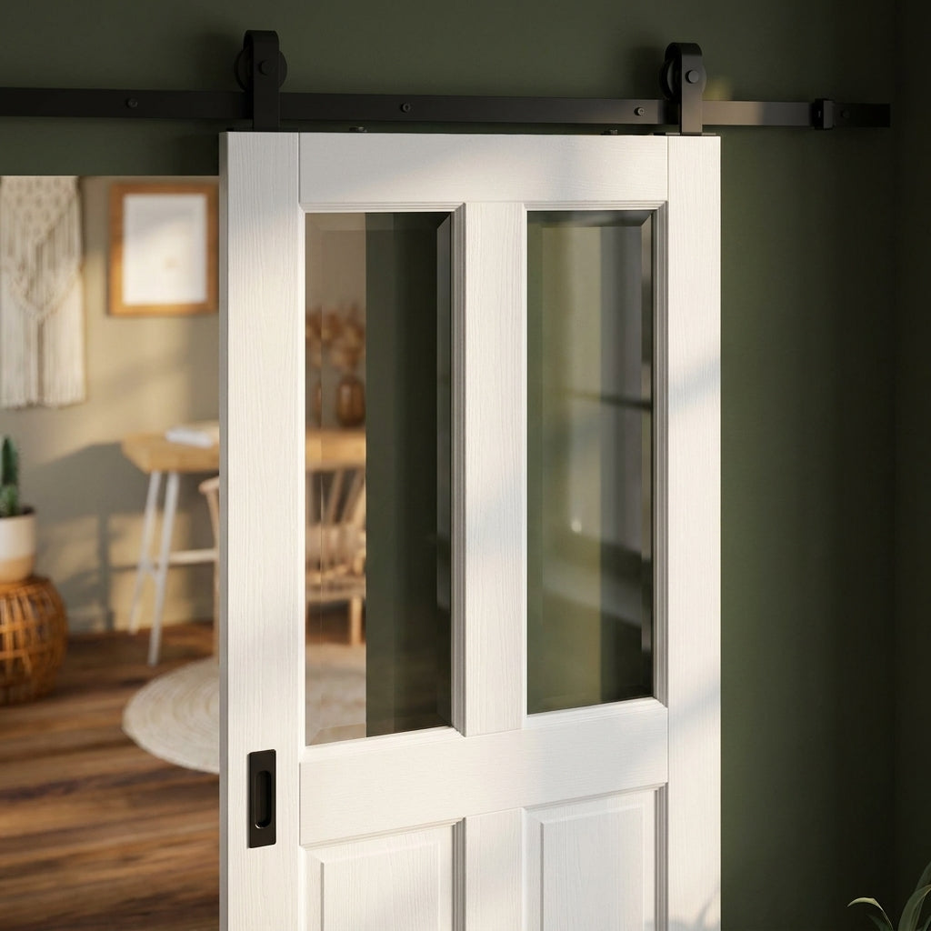 Internal Sliding Door White Primed 2 Panel 2 Light Clear Bevelled Glass - detail view