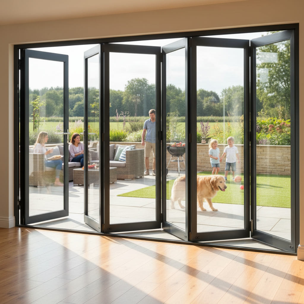 Premium 12ft Slimline Grey Timber External Bifold Door Set with 5 Door System and Double Glazed Units