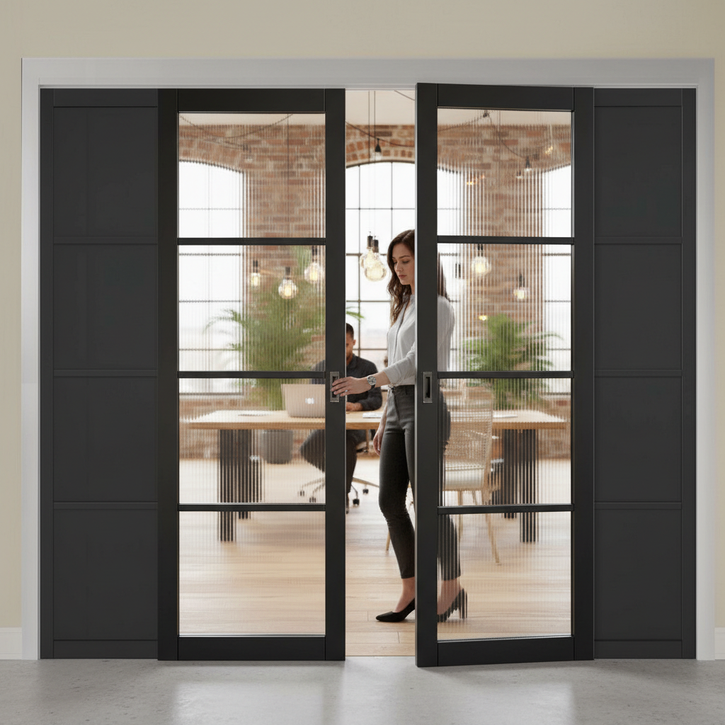 Premium Sliding French Doors with Reeded Glazed Panels and Fixed Side Panels for Modern Spaces