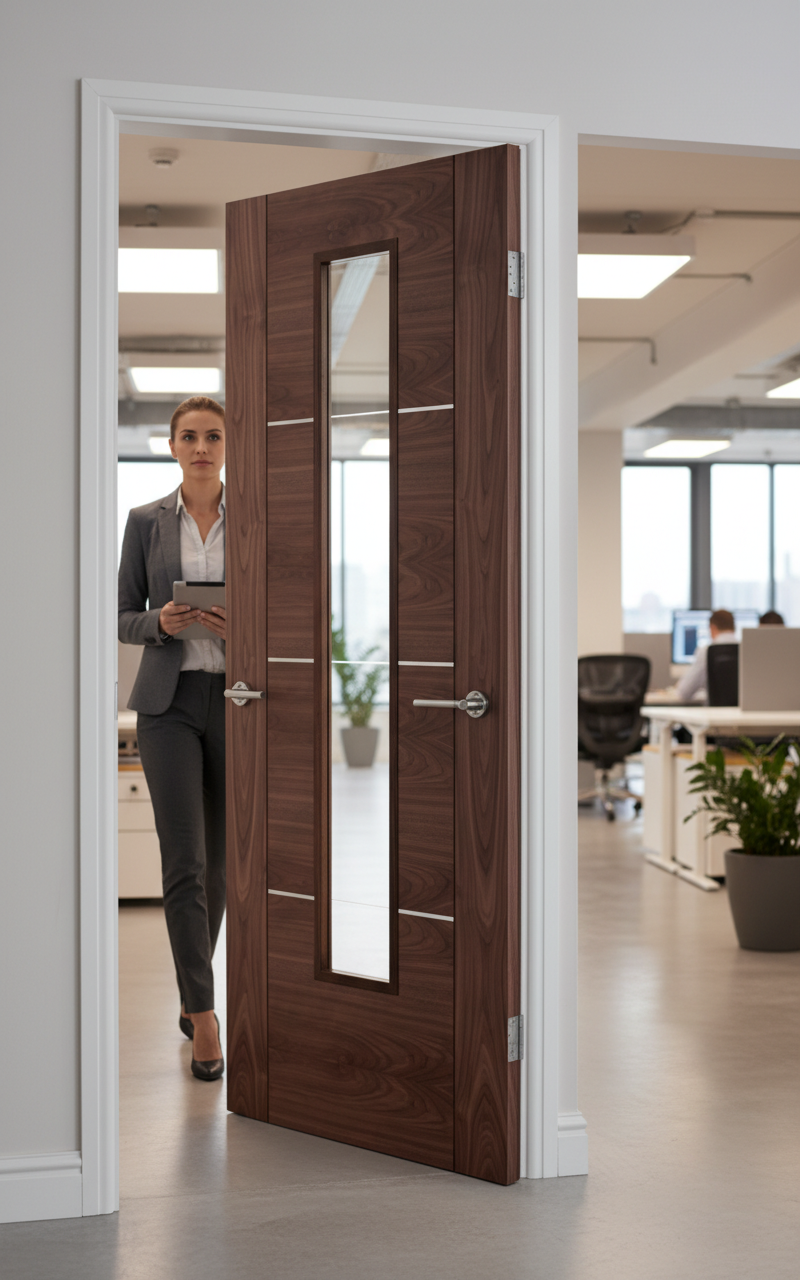 Premium 1 Light Glazed Fire Door with Walnut Veneer and Aluminium Inlay - 30 Minutes Fire Rated for Modern Interiors