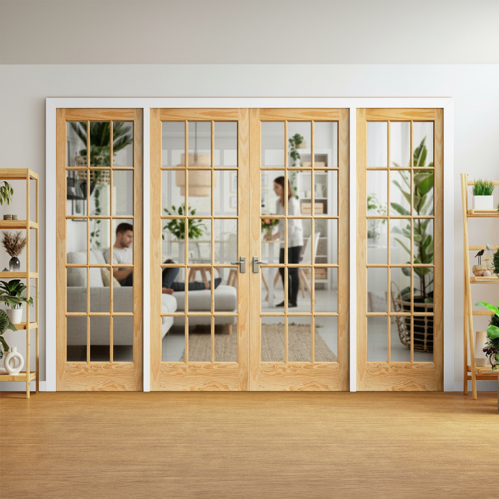 Internal Clear Pine Unfinished Room Divider Set with Four Clear Glass Doors for Elegant Space Separation and Natural...