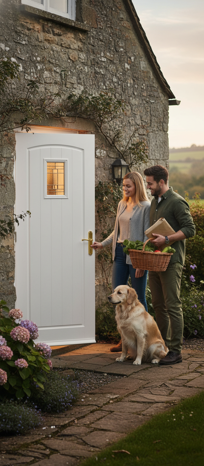 Premium White Cottage Composite External Door with Double Glazing and Decorative Glass Design for Enhanced Privacy