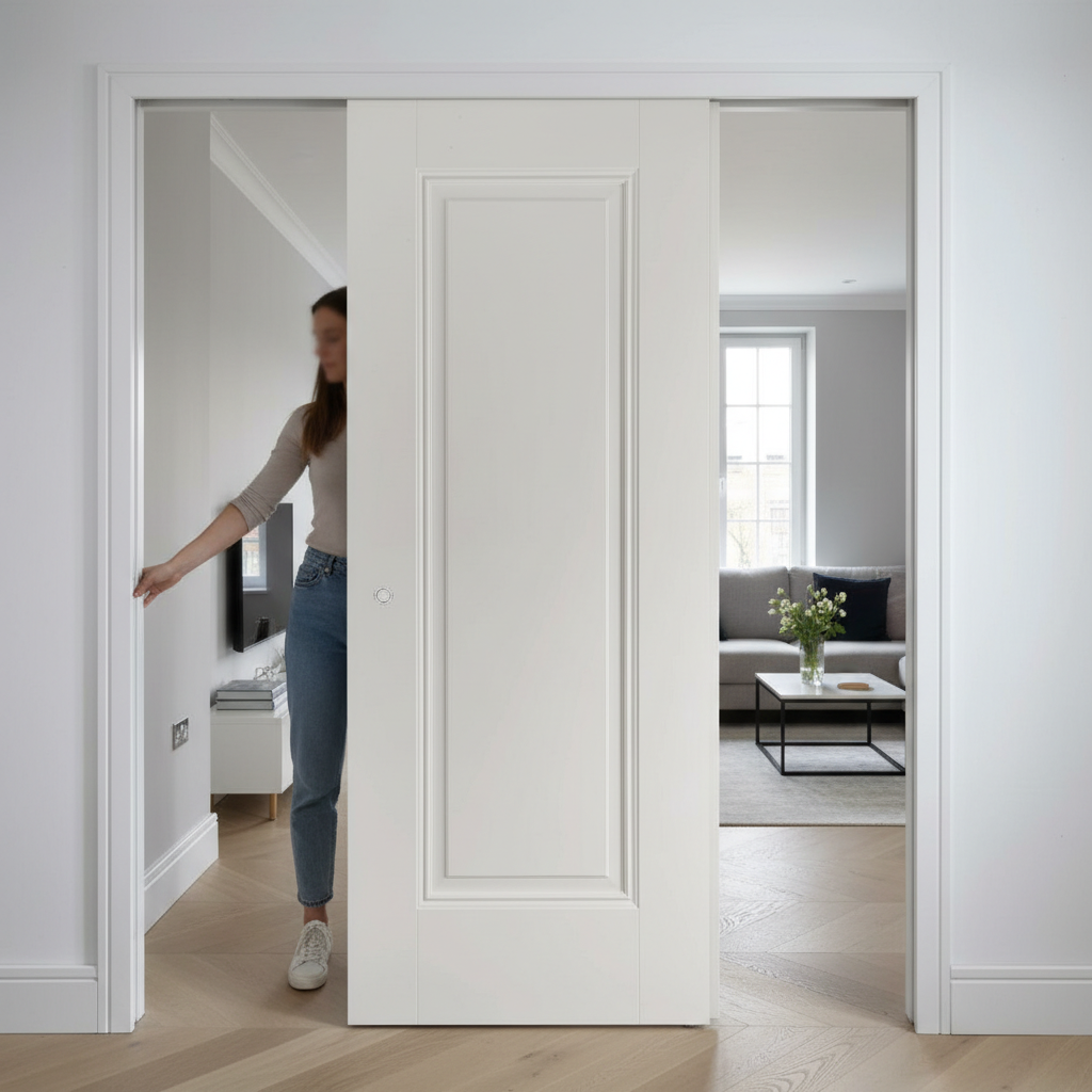 Premium Telescopic Pocket Door System with Decorative Beading, Maintenance-Free Track, and Adjustable Doorstop for Elegant Spaces