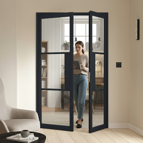 Black Tribeca Clear Glazed Offset French Doors with Demi Panel