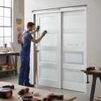 Premium Contemporary 4L Telescopic Pocket Door System with Frosted Panels and Adjustable Track for Modern Interiors