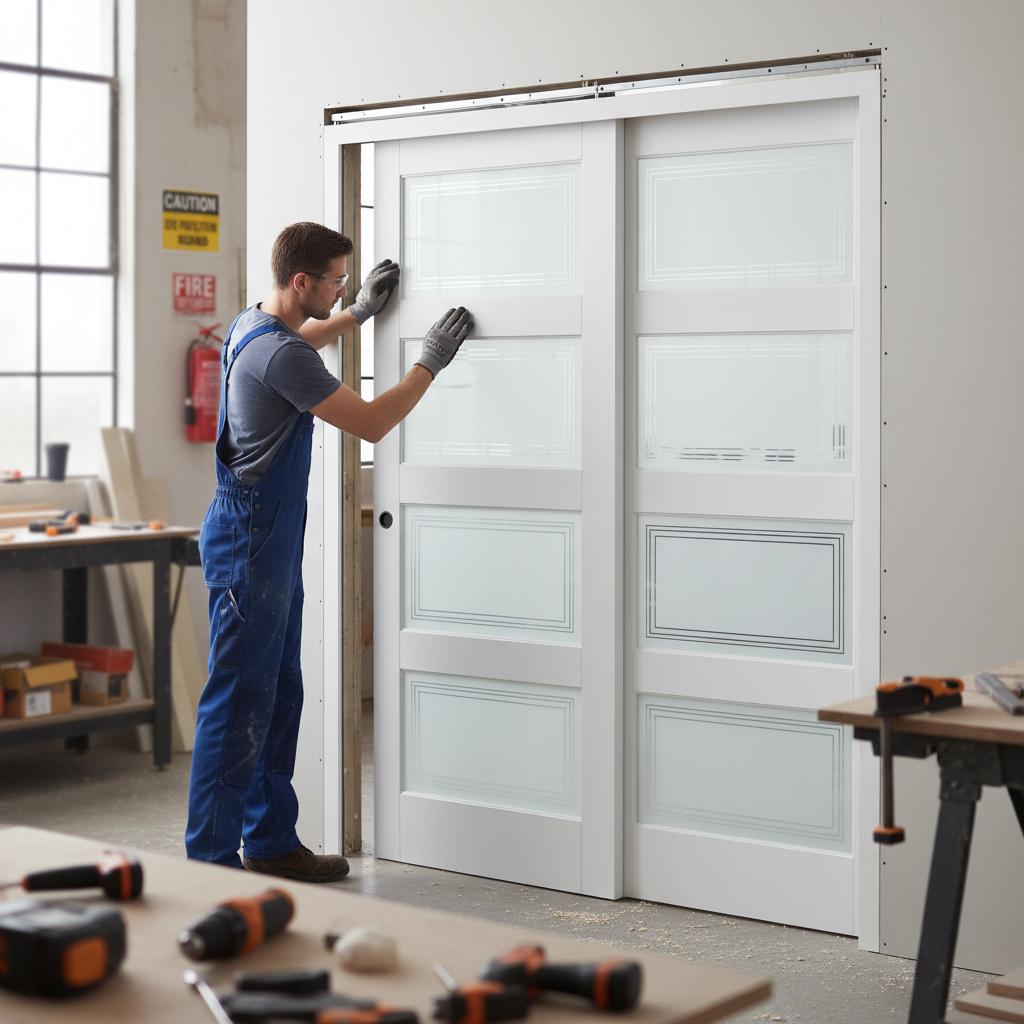 Premium Contemporary 4L Telescopic Pocket Door System with Frosted Panels and Adjustable Track for Modern Interiors