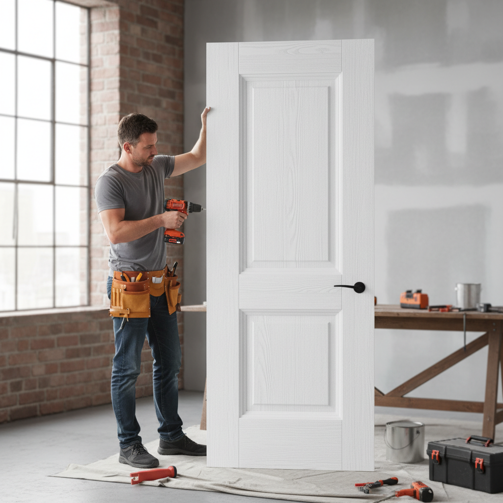 Premium Grained White Internal Door with Decorative Panels and Solid Core Construction