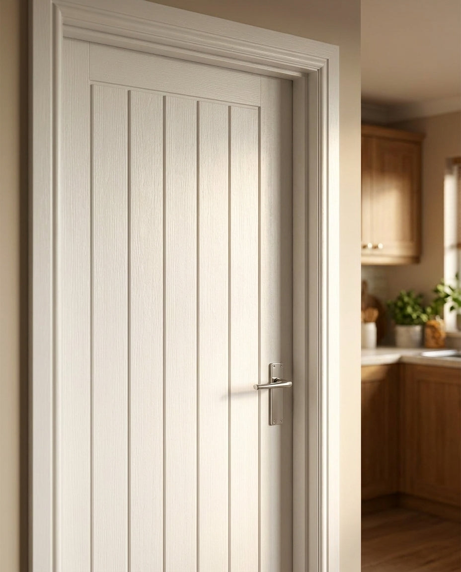 FD30 Fire Door, Internal White, 5 Panel Cottage Design, Smooth Finish - detail view