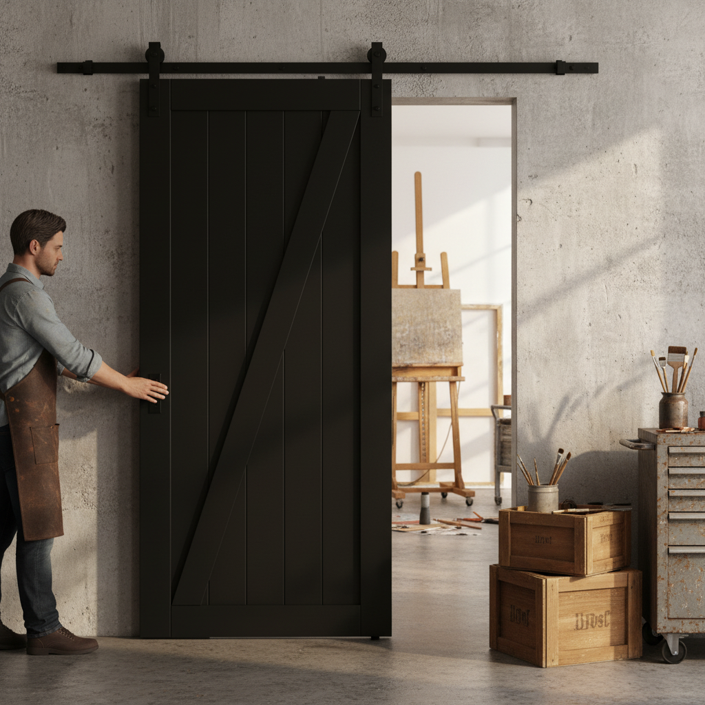Premium Internal Primed 1 Panel Brace Sliding Barn Door with Black Finish and Top-Mounted Mechanism for Modern Home Aesthetics