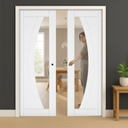 Premium White Glazed Double Pocket Door Set with Galvanised Steel Frame and Adjustable Jambs for Modern Homes