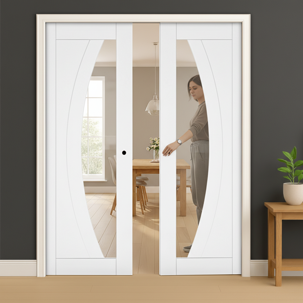 Premium White Glazed Double Pocket Door Set with Galvanised Steel Frame and Adjustable Jambs for Modern Homes