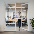 Premium White Tinted Glazed Industrial Style Door Pair with Solid Core and Customizable Dimensions