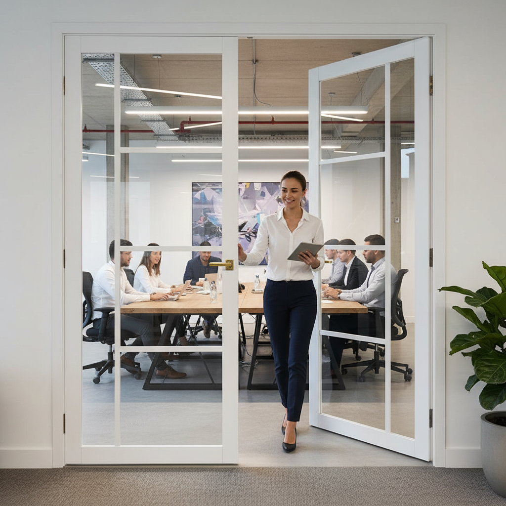 Premium White Tinted Glazed Industrial Style Door Pair with Solid Core and Customizable Dimensions