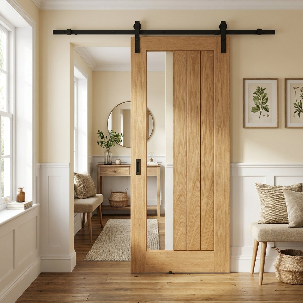 Internal Oak Sliding Door, Unfinished, 1 Light Clear Glass, Offset Design
