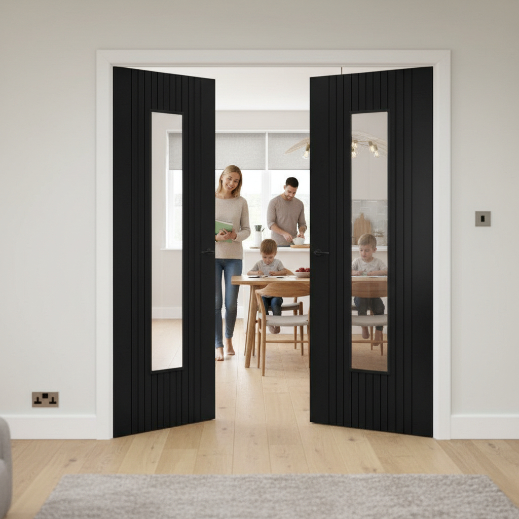Premium Clear Glazed Internal Fluted Door Pair with Contemporary Black Finish and Safety Glass for Elegant Home Design