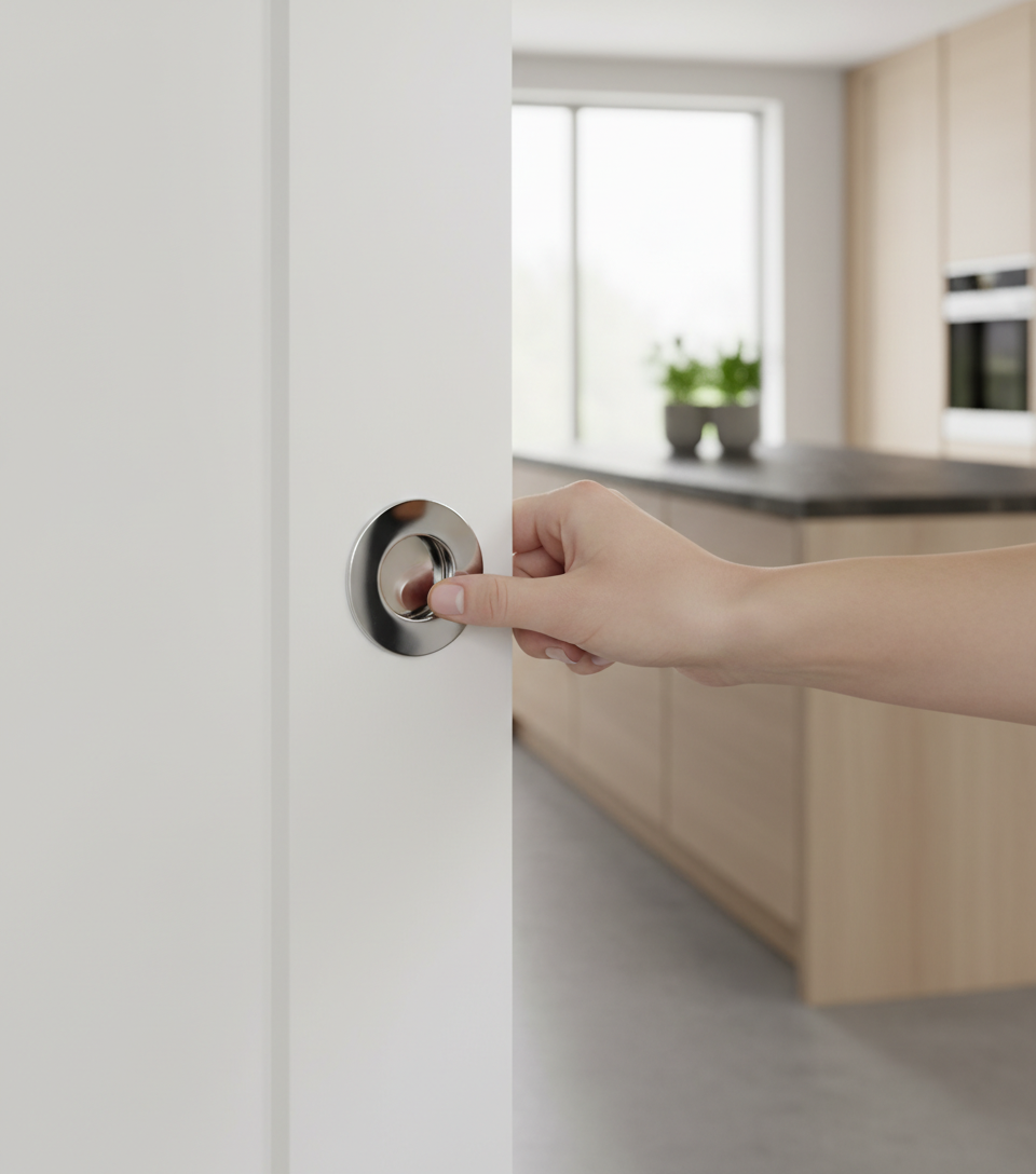 Premium Low Profile Circular Flush Pull for Sliding Doors - Fire Rated, 50mm Radius, Satin or Bright Stainless Steel Finish