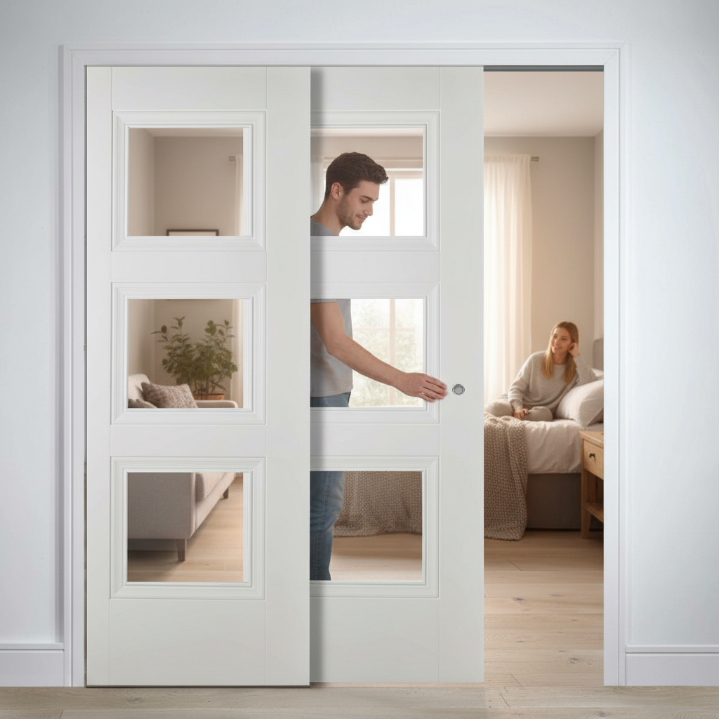 Premium Telescopic Pocket Door System with White Glazed Panels and Comprehensive Timber Lining Kit